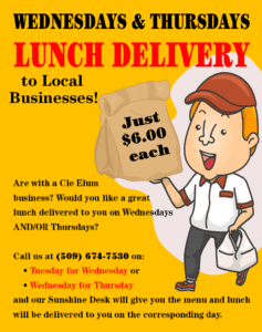 Read more about the article Lunch delivered to CLE ELUM BUSINESSES on Wednesdays AND Thursdays!